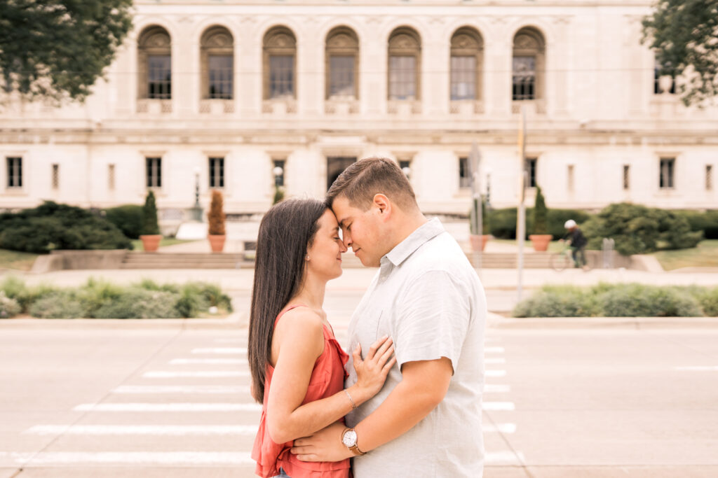 engaged couple at Detroit public library smiling