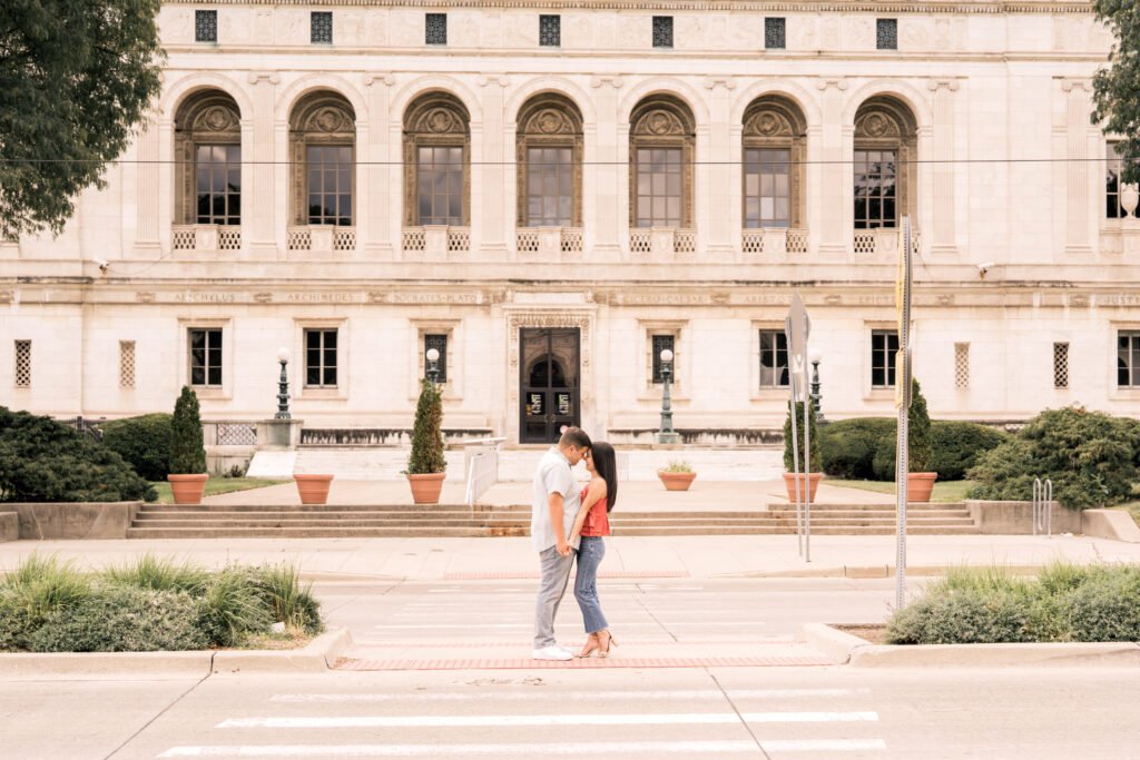 engaged couple at Detroit public library smiling